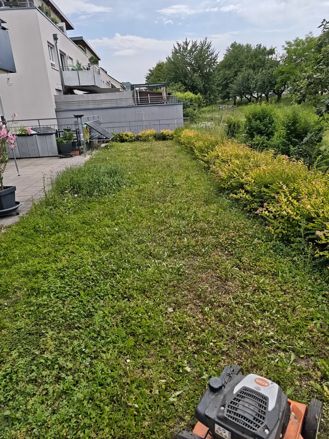 Rasenmähen im Garten einer Wohnanlage